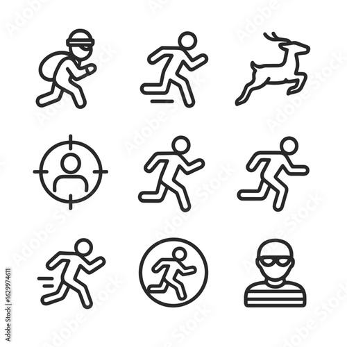 Chase Icons Collection. Outline icon set of chase targets: thief, fugitive, prey, suspect, escapee, runner, competitor, intruder,