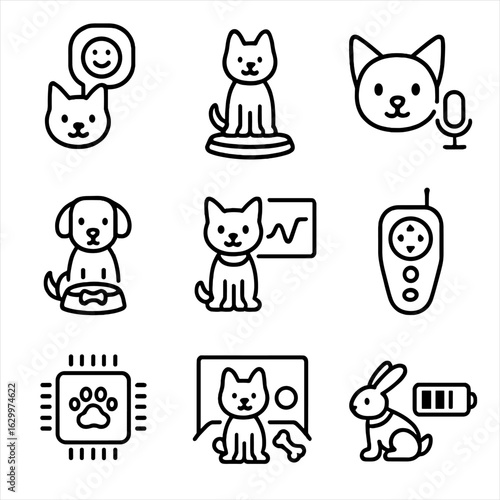 AI Animal Icon Set. Outline icon set of AI animal companions: emotion sensor, holographic avatar, voice recognition module,