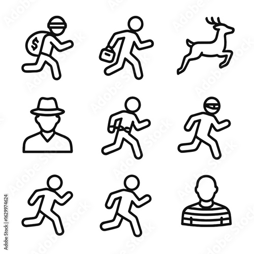 Chase Icons Collection. Outline icon set of chase targets: thief, fugitive, prey, suspect, escapee, runner, competitor, intruder,
