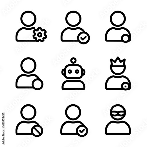 Chat Role Icons. Outline icon set of chat user roles: admin, moderator, member, guest, bot, owner, banned user, verified user,