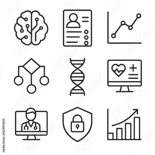 AI Healthcare Icons. Outline icon set of AI-driven personalized healthcare: AI brain with circuit lines, patient profile with data