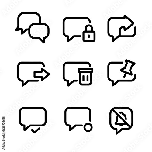Chat Features Icons. Outline icon set of chat features: group chat, private message, message reply, message forward, message