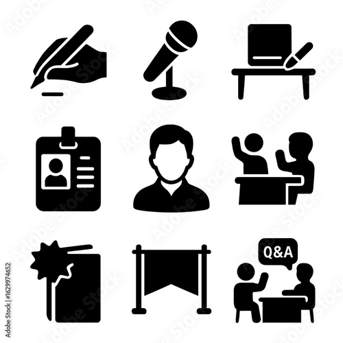 Author Event Icons. Solid, filled icons set of author features and guest visits: autograph icon, author