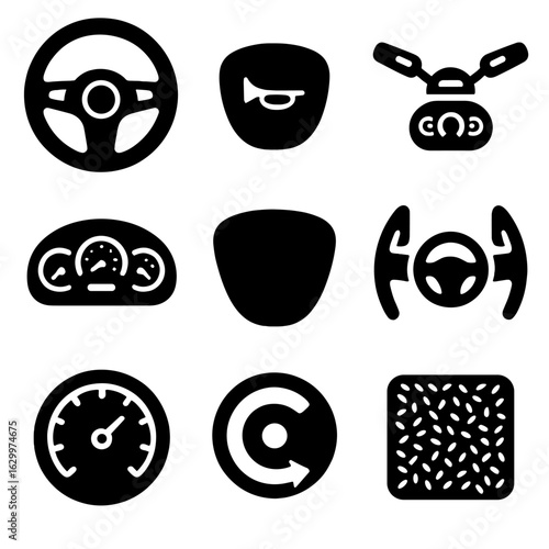 Automotive Icon Set. Solid, filled icons set of Automotive steering details: steering wheel, horn button,