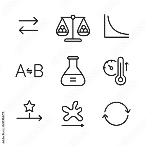 Chemical Equilibrium Icons. Outline icon set of chemical equilibrium: reaction arrow forward and backward, balance scale with