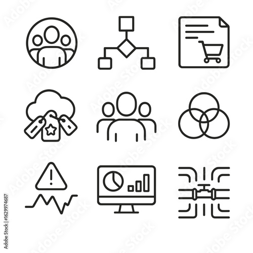 AI Segmentation Icons. Outline icon set of AI-driven customer segmentation: demographic cluster, behavioral pattern flowchart,
