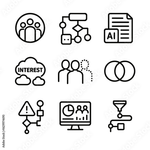 AI Segmentation Icons. Outline icon set of AI-driven customer segmentation: demographic cluster, behavioral pattern flowchart,