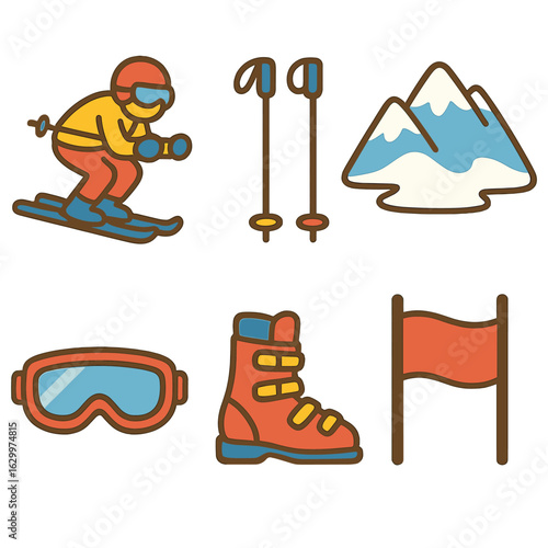 Alpine Ski Adventures. Flat vector mini-illustrations of alpine skiing in colors children’s illustrations: skier racing downhill,