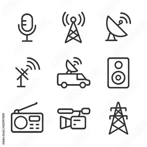 Broadcast Icons Set. Outline icon set of broadcast equipment: microphone, radio tower, satellite dish, antenna, broadcasting van,