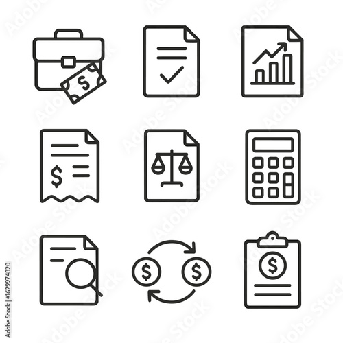 Business Icons Set. Outline icon set of business and accounting: briefcase with cash, tax document, income chart, invoice, balance