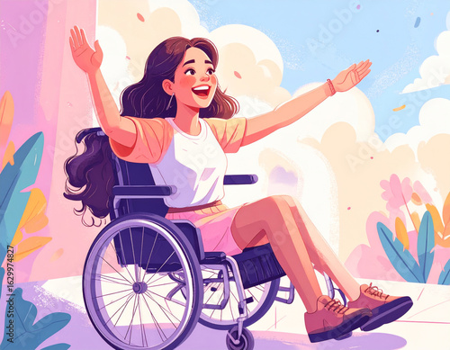 Joyful Woman in Wheelchair with Arms Raised Outdoors