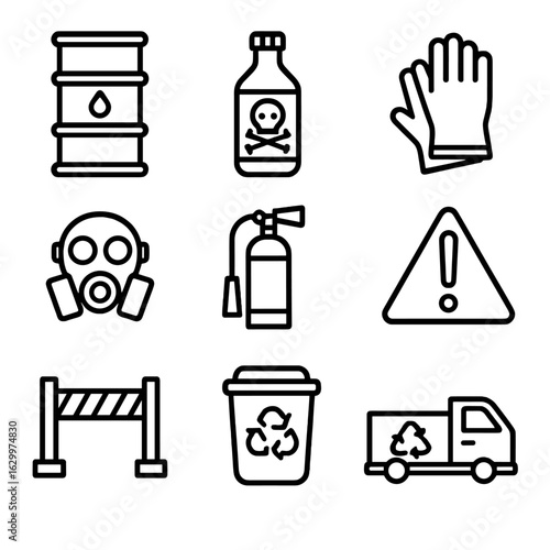 Automotive Recycling Icons. Outline icon set of hazardous waste handling in automotive recycling: oil drum,