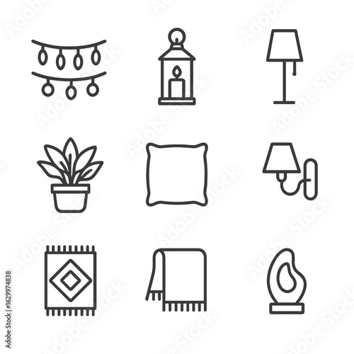 Ambient Décor Icons. Outline icon set of ambient lighting and décor: string lights, candle lantern, floor lamp, potted plant,