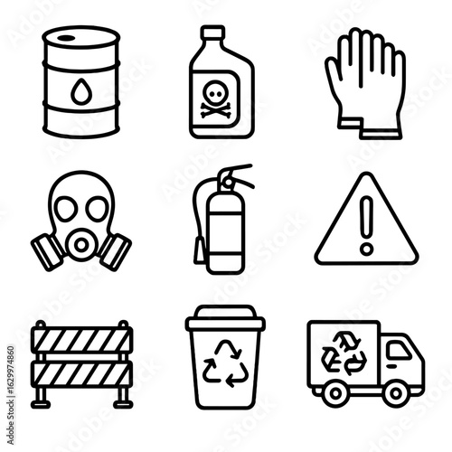 Automotive Recycling Icons. Outline icon set of hazardous waste handling in automotive recycling: oil drum,