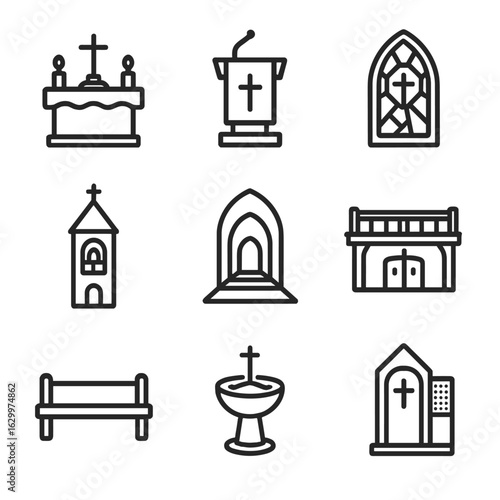 Church Architecture Icons. Outline icon set of church architecture: altar, pulpit, stained glass window, bell tower, nave, choir