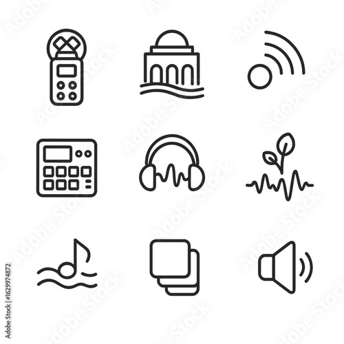 Ambient Sound Icon Set. Outline icon set of ambient game soundscapes: field recorder, reverb effect icon, echo waves, pad