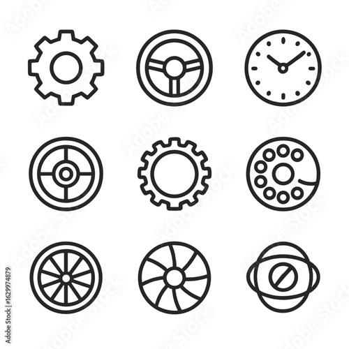 Circular Mechanisms Icons. Outline icon set of circular mechanisms: gear wheel, steering circle, clock face, flywheel icon, cog