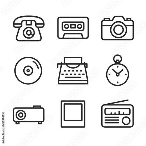 Analog Tech Icons. Outline icon set of analog technology classics: rotary telephone, cassette tape, film camera, vinyl record,