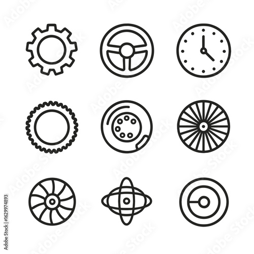 Circular Mechanisms Icons. Outline icon set of circular mechanisms: gear wheel, steering circle, clock face, flywheel icon, cog