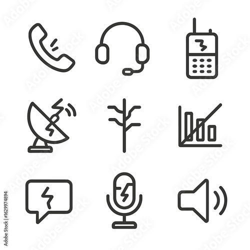 Broken Communication Icons. Outline icon set of broken communication: broken phone, disconnected headset, cracked walkie-talkie,