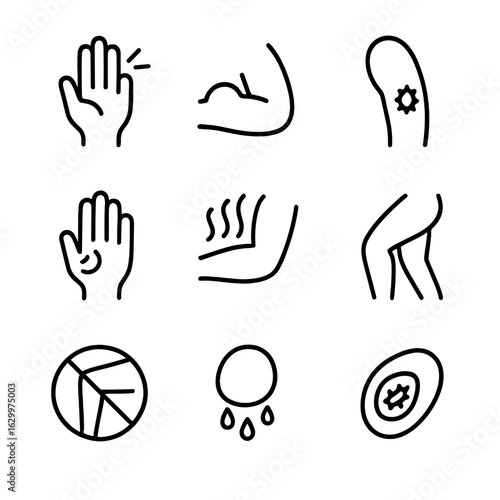 Bruise Symptoms Icons. Outline icon set of bruise symptoms: pain, swelling, discoloration, tenderness, warmth, stiffness, limited