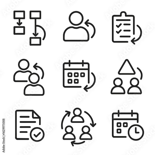 Business Shift Icons. Outline icon set of business shift management: workflow shift, role change, task delegation, meeting shift,