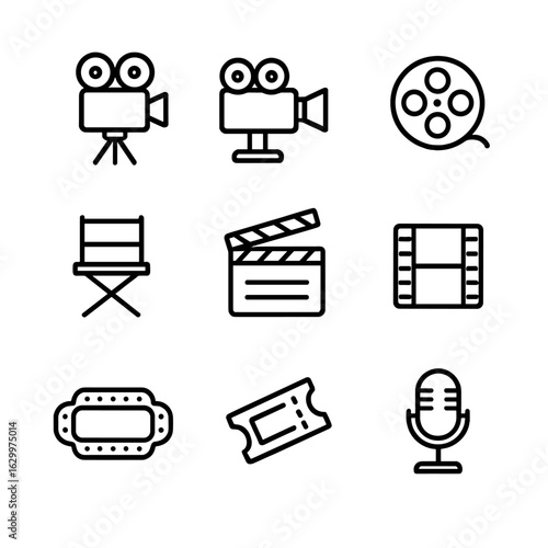 Classic Cinema Icons. Outline icon set of classic cinema motifs: silent film camera, vintage projector, black-and-white film reel,