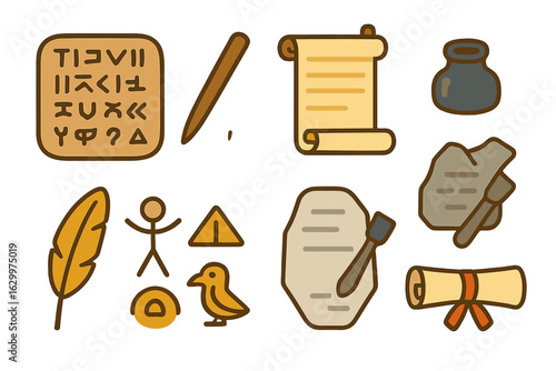 Ancient Writing Tools. Flat vector mini-illustrations ancient script writing practice in colors children's illustrations: clay