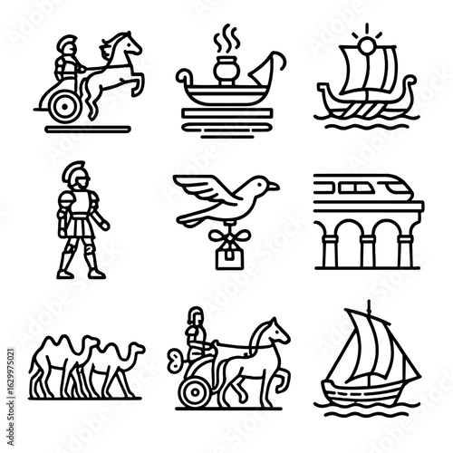 Ancient Transport Icons. Outline icon set of ancient transport reinvented: hover chariot, maglev incense barge, solar galley, mech