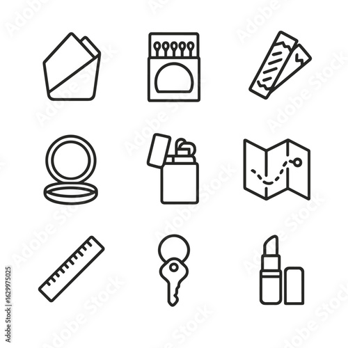 Classic Pocket Icons. Outline icon set of classic pocket items: pocket handkerchief, matchbox, chewing gum, compact mirror, small