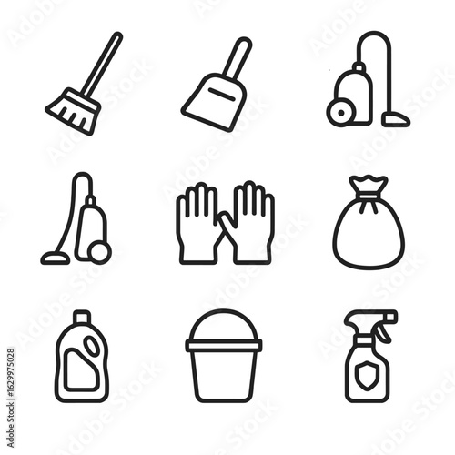 Cleaning Tools Icons. Outline icon set of mess tools: broom, dustpan, mop, vacuum cleaner, gloves, trash bag, detergent bottle,