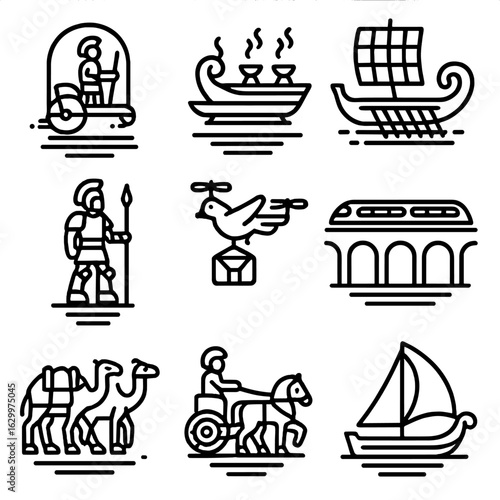 Ancient Transport Icons. Outline icon set of ancient transport reinvented: hover chariot, maglev incense barge, solar galley, mech