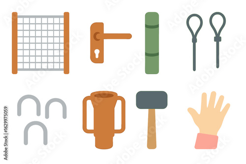 Animal Enclosure Icons. Flat vector mini-illustrations Animal enclosure fencing in colors children's illustrations: mesh panels,