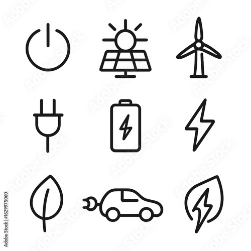 Clean Energy Icons. Outline icon set of clean energy start: power button, sun energy, windmill, plug icon, battery charging, spark