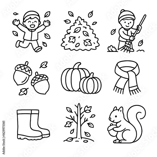 Autumn Play Icon Set. Outline icon set of Children playing in autumn leaves: kids jumping, pile of leaves,