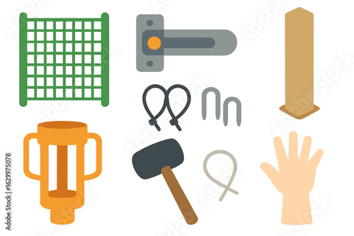 Animal Enclosure Icons. Flat vector mini-illustrations Animal enclosure fencing in colors children's illustrations: mesh panels,