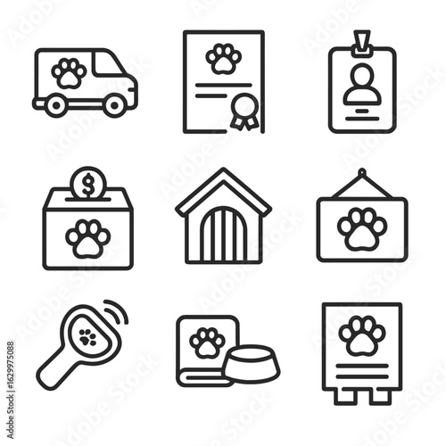 Animal Rescue Icons. Outline icon set of animal rescue and shelter support: rescue van, adoption certificate, volunteer badge,
