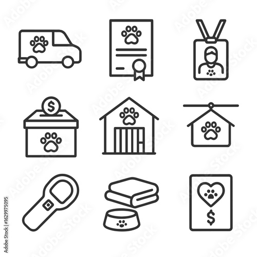Animal Rescue Icons. Outline icon set of animal rescue and shelter support: rescue van, adoption certificate, volunteer badge,
