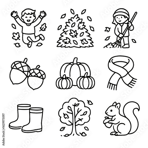 Autumn Play Icon Set. Outline icon set of Children playing in autumn leaves: kids jumping, pile of leaves,