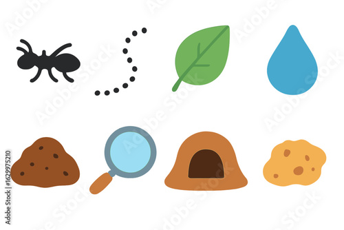 Ant Trail Journey. Flat vector mini-illustrations ant pheromone trail marking in colors children's illustrations: ant silhouette,