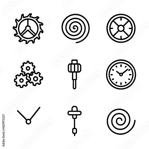 Clock Mechanism Icons. Outline icon set of clock mechanics: escapement wheel, mainspring, balance wheel, gear train, winding stem,