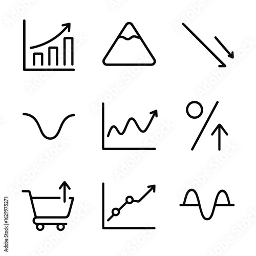 Business Cycle Icons. Outline icon set of business cycle: expansion chart, peak icon, contraction arrow, trough point, GDP graph,
