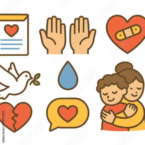 Apology and Forgiveness Icons. Flat vector mini-illustrations sincere apologies and forgiveness in colors children's illustrations