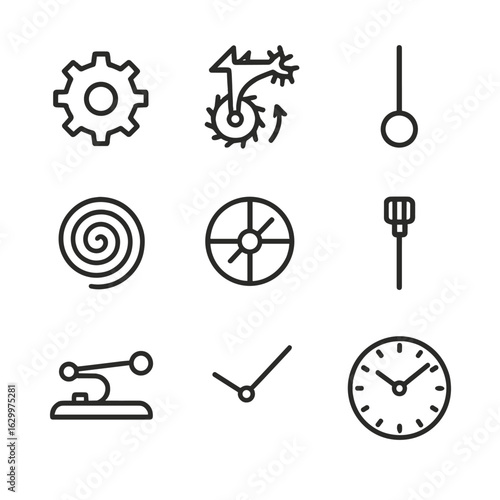 Clock Mechanism Icons. Outline icon set of clock mechanism: gear, escapement, pendulum, mainspring, balance wheel, winding stem,