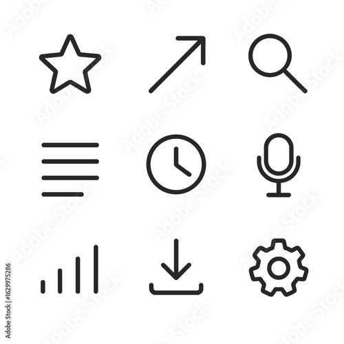 App Feature Icons. Outline icon set of app features: favorites star, share arrow, search magnifier, playlist list, sleep timer
