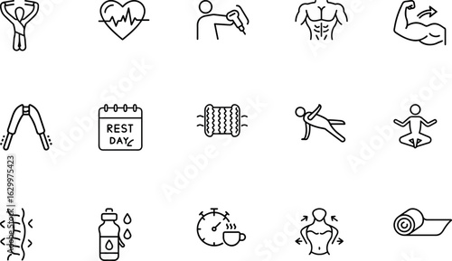 Flexibility and recovery icons with yoga, stretching, foam roller, muscle, and rest