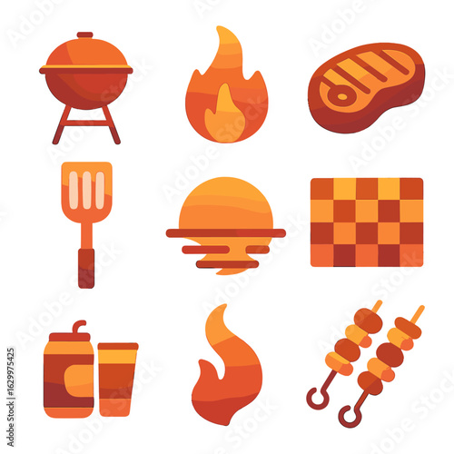 Backyard Grilling Icons. Solid, filled icons set of backyard grilling at sunset: barbecue grill, flame, steak,