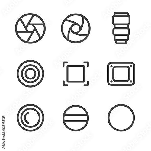 Camera Optics Icons. Outline icon set of camera optics: lens aperture, shutter speed, zoom lens, focus ring, light sensor, image