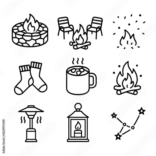 Backyard Fire Pit Icons. Outline icon set of backyard fire pit evening: stone fire pit, patio chairs, fire