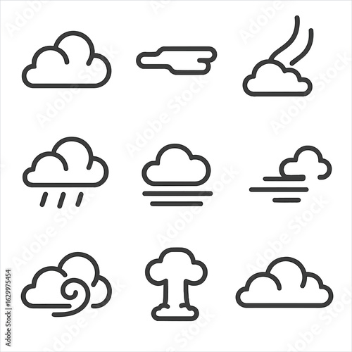 Cloud Icon Collection. Outline icon set of cloud formations: cumulus clouds, stratus clouds, cirrus clouds, nimbus clouds, fog